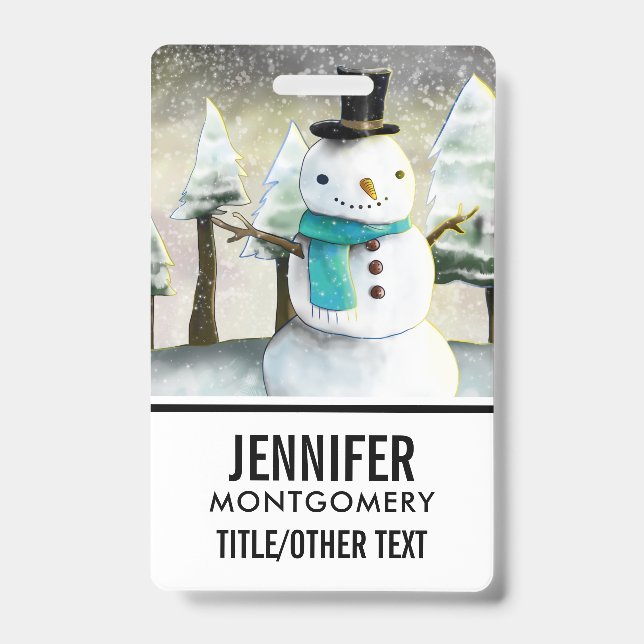 Whimsical Snowman in Winter Christmas Scene ID Badge (Front)