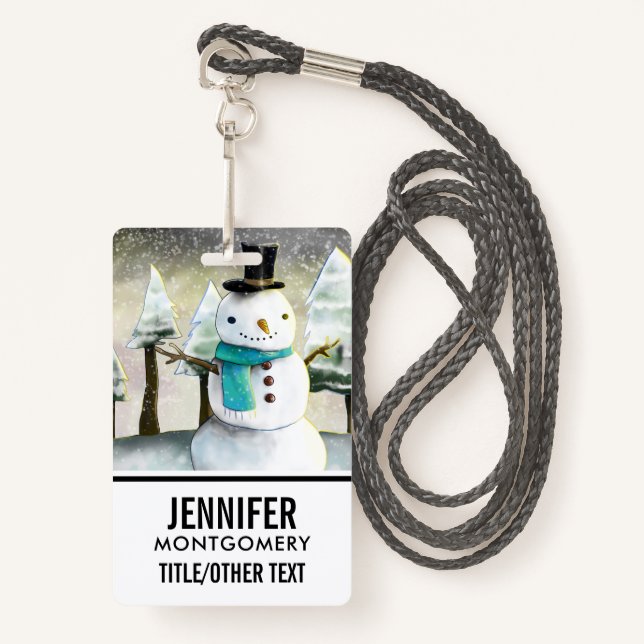 Whimsical Snowman in Winter Christmas Scene ID Badge (Front with Lanyard)