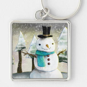 Whimsical Snowman in Winter Christmas Scene Key Ring