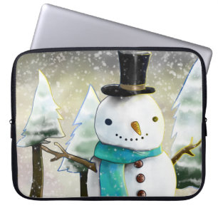 Whimsical Snowman in Winter Christmas Scene Laptop Sleeve