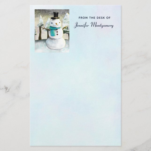Whimsical Snowman in Winter Christmas Scene Stationery (Front)