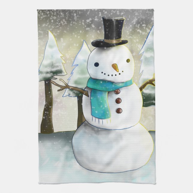 Whimsical Snowman in Winter Christmas Scene Tea Towel (Vertical)