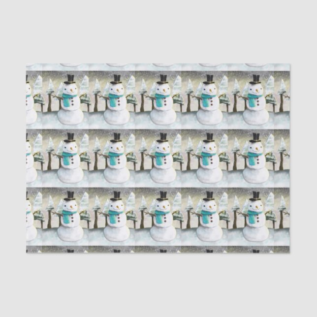 Whimsical Snowman in Winter Christmas Scene Tissue Paper (Front)