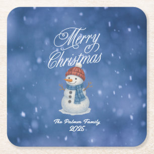 Whimsical Snowman Merry Christmas Square Paper Coaster