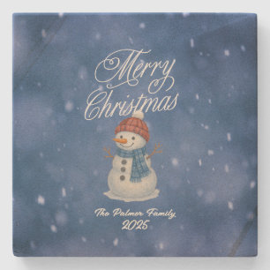 Whimsical Snowman Merry Christmas Stone Coaster