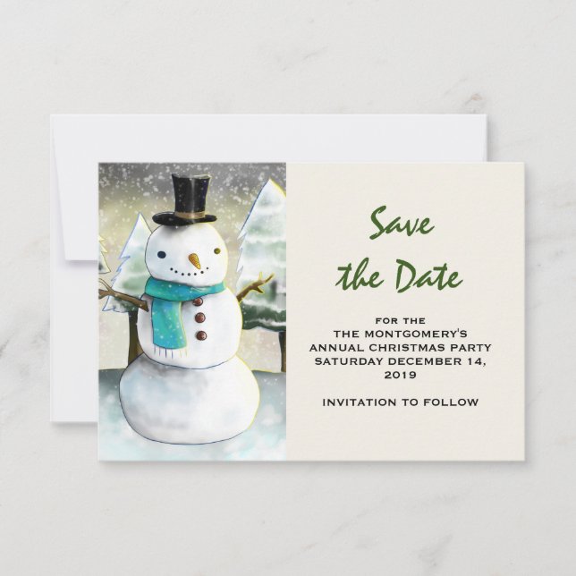 Whimsical Snowman Winter Scene Christmas Drawing Save The Date (Front)