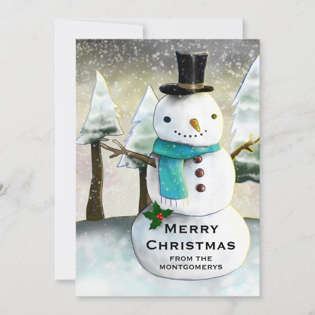 Whimsical Snowman Winter Scene Christmas Holiday Card (Front)