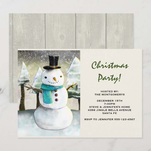 Whimsical Snowman Winter Scene Christmas Party Invitation (Front/Back)