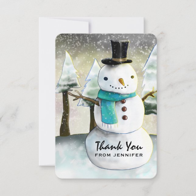 Whimsical Snowman Winter Scene Christmas Thank You Card (Front)