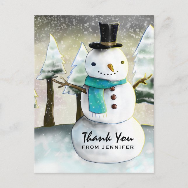 Whimsical Snowman Winter Scene Christmas Thank You Postcard (Front)