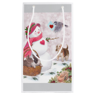 Whimsical Snowman with Animals Peace Small Gift Bag