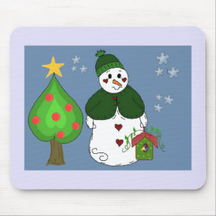 Whimsical Snowman With Birdhouse Mouse Mat