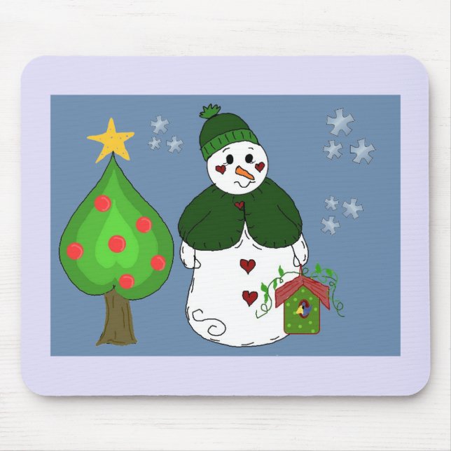 Whimsical Snowman With Birdhouse Mouse Mat (Front)
