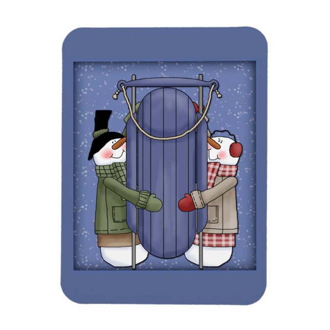 Whimsical Snowman with sledge Magnet (Vertical)