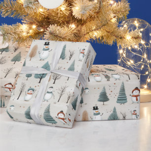 Whimsical Snowmen and Christmas Trees Wrapping Paper
