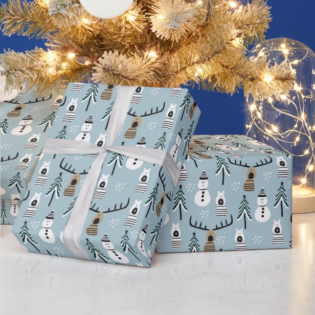 Whimsical Snowmen Reindeer and Trees  Wrapping Paper (Holidays)