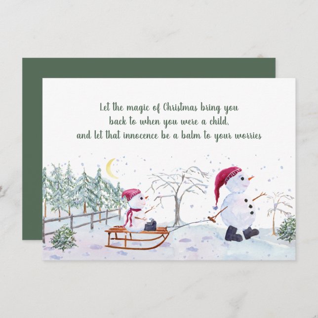 Whimsical Snowmen, Sled, Winter Scene Card (Front/Back)