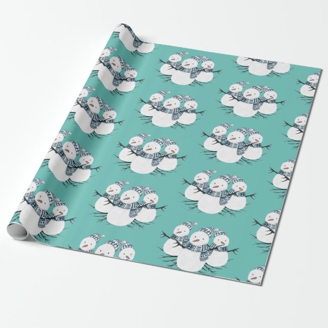 Whimsical Snowmen Trio Wrapping Paper (Unrolled)
