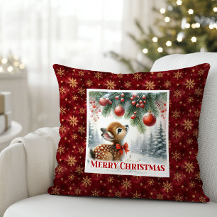 Whimsical snowy forest baby deer festive Christmas Cushion