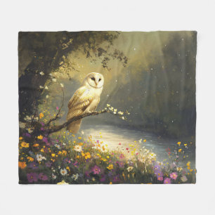 Whimsical Snowy White Owl Wildflowers Art Fleece Blanket