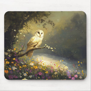 Whimsical Snowy White Owl Wildflowers Art Mouse Mat