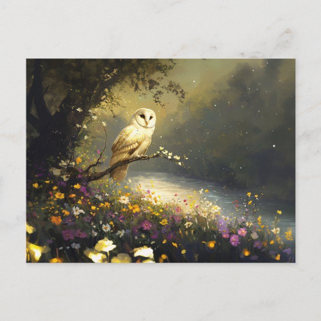 Whimsical Snowy White Owl Wildflowers Art Postcard (Front)