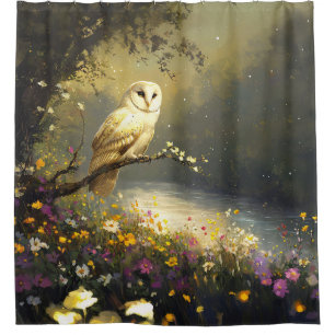 Whimsical Snowy White Owl Wildflowers Art Shower Curtain