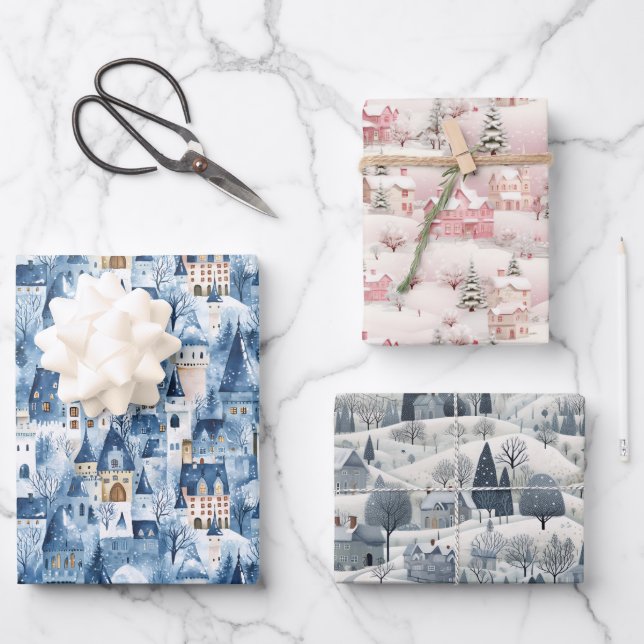 Whimsical Snowy Winter Village Holiday Pattern  Wrapping Paper Sheet (Front)