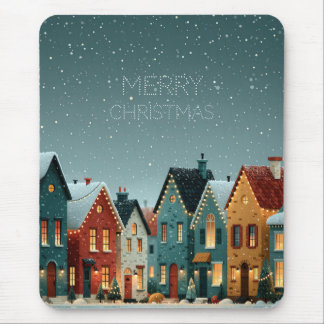 Whimsical Snowy Winter Village Merry Christmas Mouse Mat