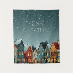 Whimsical Snowy Winter Village Merry Christmas Tapestry