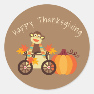 Whimsical Sock Monkey Thanksgiving  Classic Round Sticker