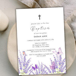 Whimsical Soft Lavender Butterfly Cross Baptism Invitation