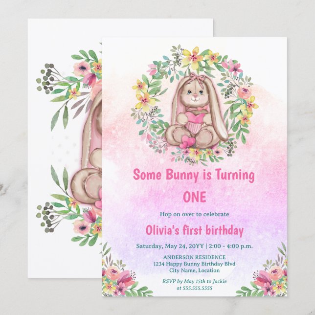 Whimsical Some Bunny Floral Birthday Party Invitation (Front/Back)