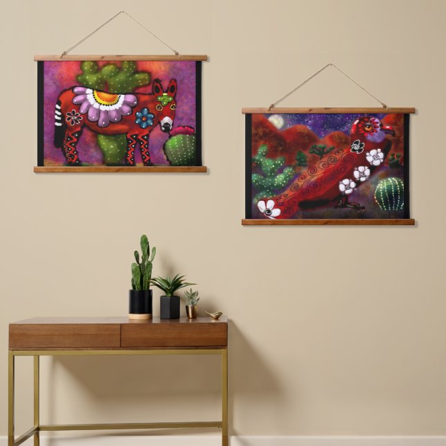 Whimsical Southwest Donkey & Bird Red Green Hanging Tapestry (Asymmetrical)
