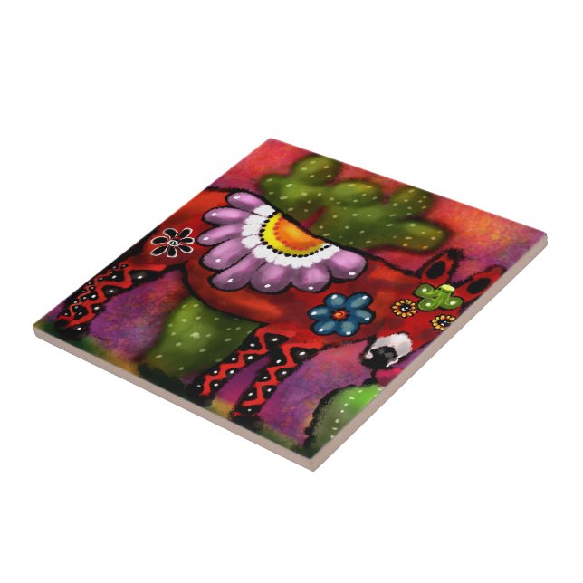 Whimsical Southwest Floral Talavera-Style Donkey Tile (Side)