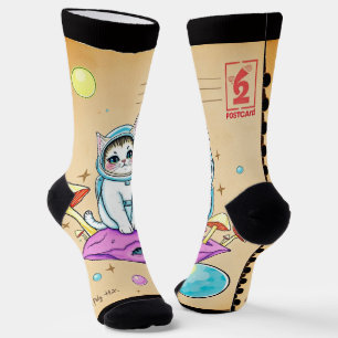 Whimsical Space Cat Retro Socks