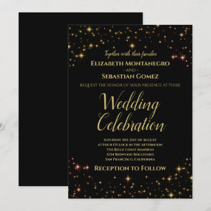 Whimsical Sparkles & Stars Gold on Black Wedding Invitation
