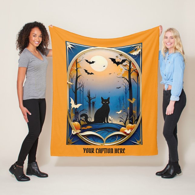 Whimsical  spooky black cat themed customise text fleece blanket (Creator Uploaded)
