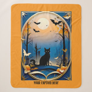 Whimsical spooky black cat themed customise text sherpa blanket