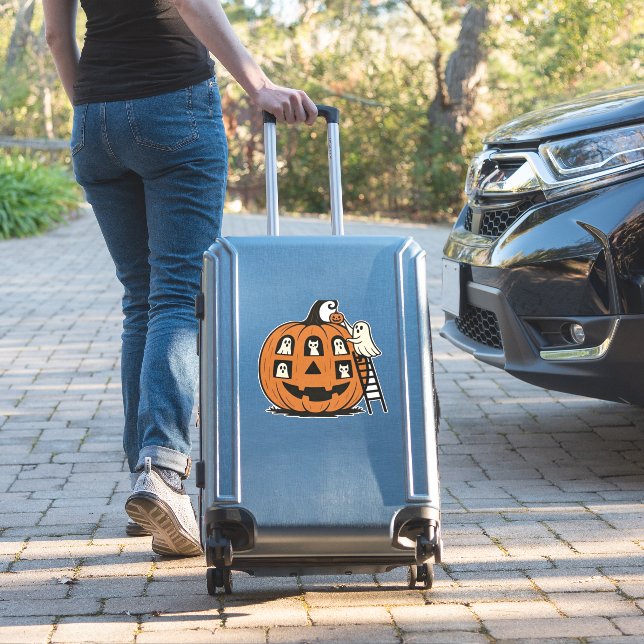 Whimsical Spooky Pumpkin with Ghosts, Cats & Hallo (Suitcase Insitu)