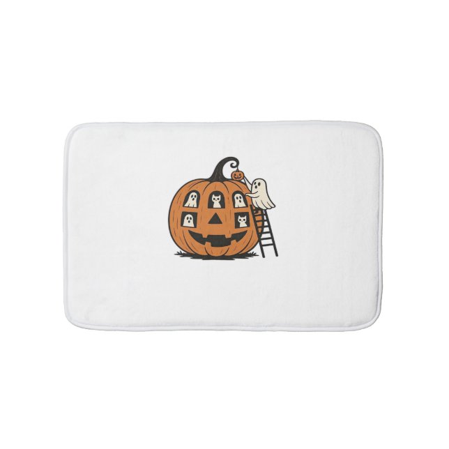 Whimsical Spooky Pumpkin with Ghosts, Cats & Hallo Bath Mat (Front)