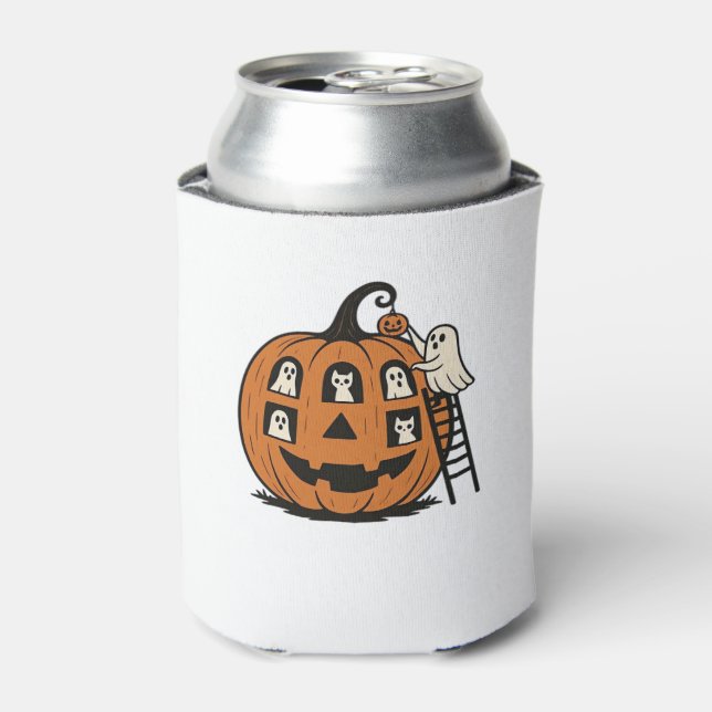 Whimsical Spooky Pumpkin with Ghosts, Cats & Hallo Can Cooler (Can Front)