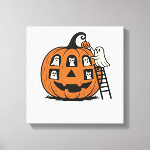 Whimsical Spooky Pumpkin with Ghosts, Cats & Hallo Canvas Print