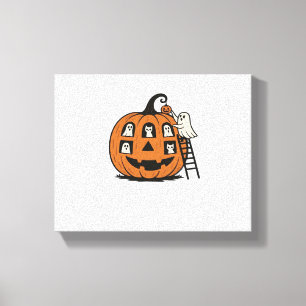 Whimsical Spooky Pumpkin with Ghosts, Cats & Hallo Canvas Print