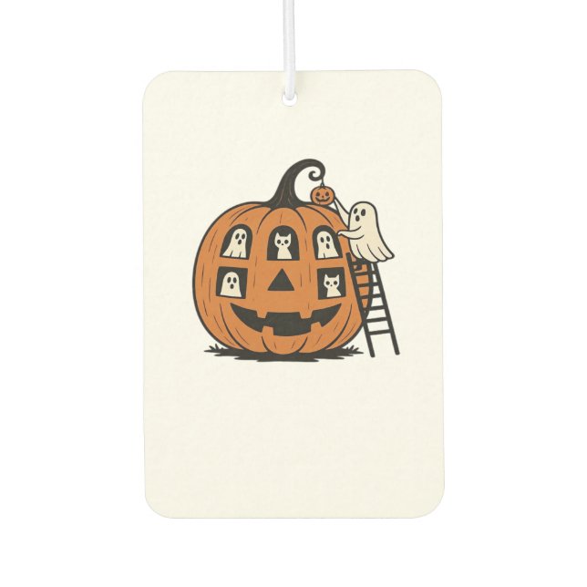 Whimsical Spooky Pumpkin with Ghosts, Cats & Hallo Car Air Freshener (Front)