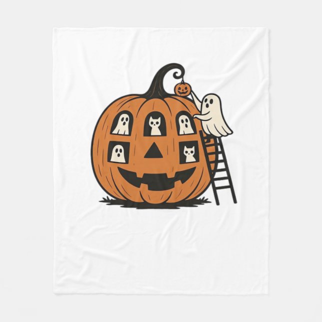 Whimsical Spooky Pumpkin with Ghosts, Cats & Hallo Fleece Blanket (Front)
