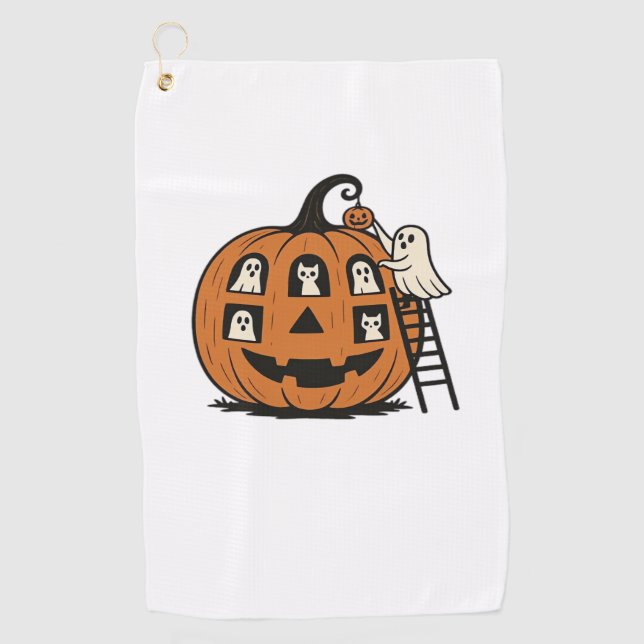 Whimsical Spooky Pumpkin with Ghosts, Cats & Hallo Golf Towel (Front)