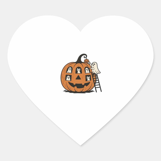 Whimsical Spooky Pumpkin with Ghosts, Cats & Hallo Heart Sticker (Front)