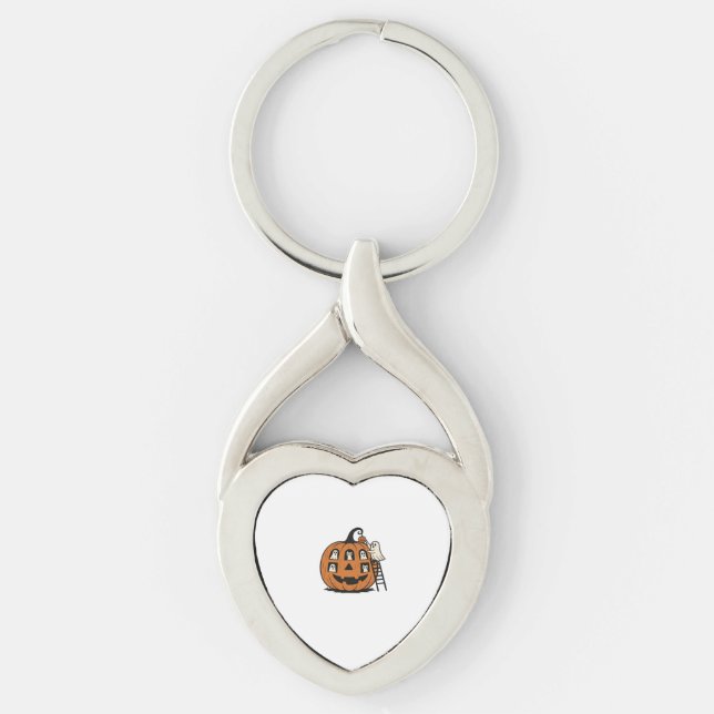 Whimsical Spooky Pumpkin with Ghosts, Cats & Hallo Key Ring (Front)