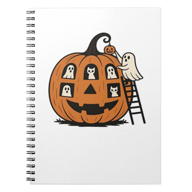 Whimsical Spooky Pumpkin with Ghosts, Cats & Hallo Notebook (Front)
